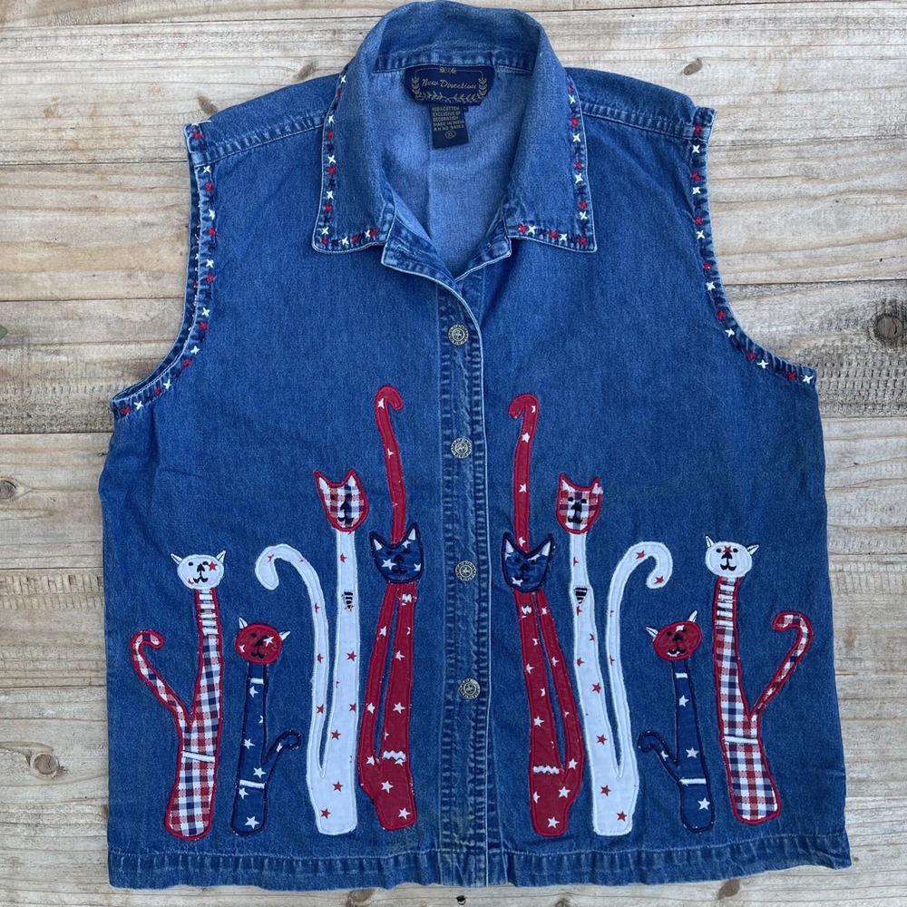 Vintage New Direction Denim Vest XL Patriotic Cat Embroidered Button Front